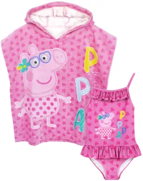 Peppa Pig Girls Swimsuit & Hooded Towel Poncho Set