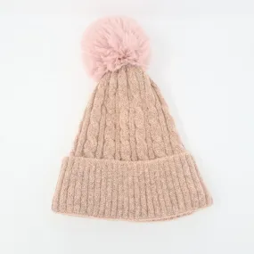 Pink Luxury Cable Knit Hat with Faux Fur Pom-Pom