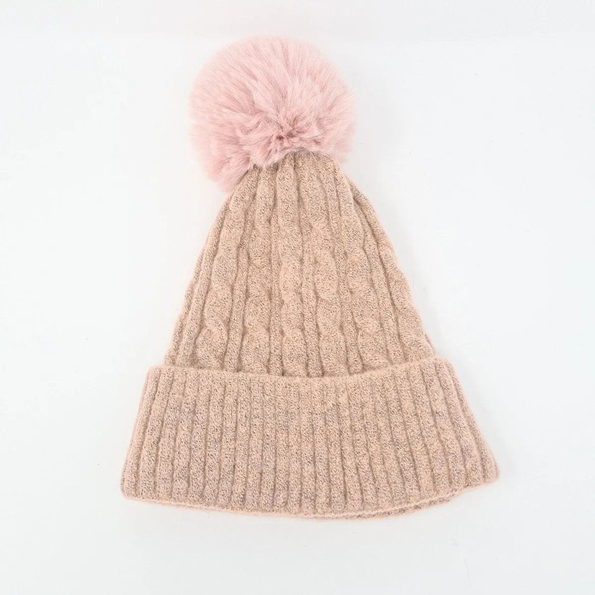 Pink Luxury Cable Knit Hat with Faux Fur Pom-Pom