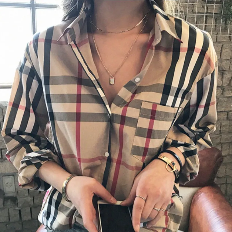 Plaid Splicing Shirt Women's Spring Loose Retro Long-sleeve T-shirt
