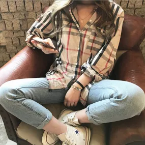 Plaid Splicing Shirt Women's Spring Loose Retro Long-sleeve T-shirt