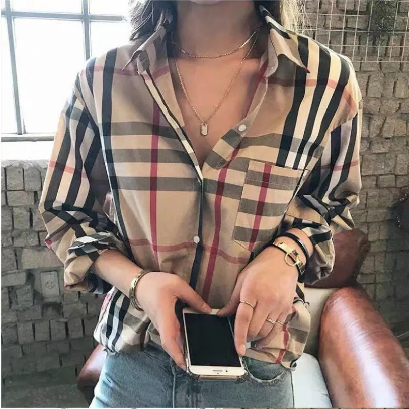 Plaid Splicing Shirt Women's Spring Loose Retro Long-sleeve T-shirt