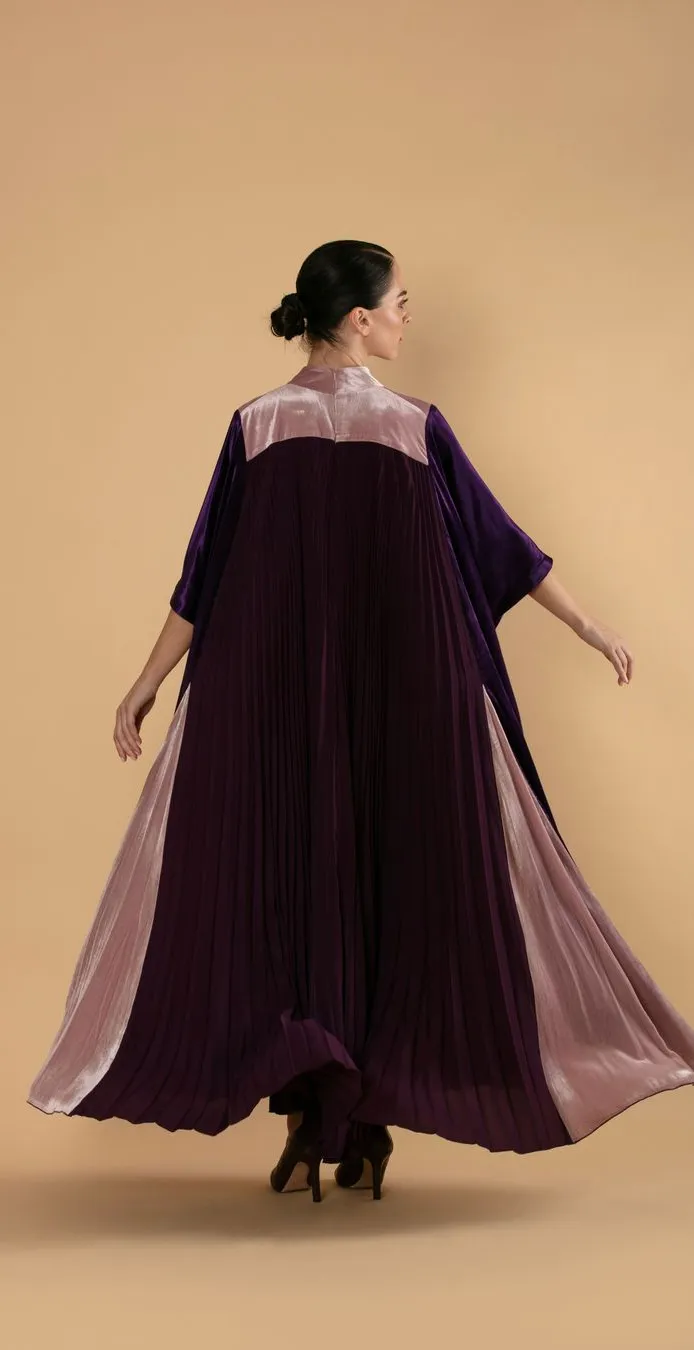 Plum Velvet Cape Dress with Pleated Contrast Panels