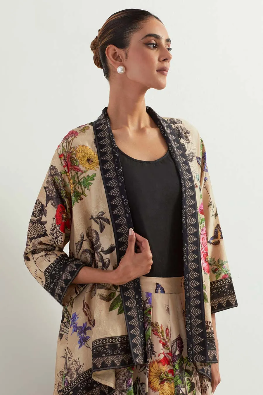 Printed Organza Skirt Co-Ord Set With Canderi Cape