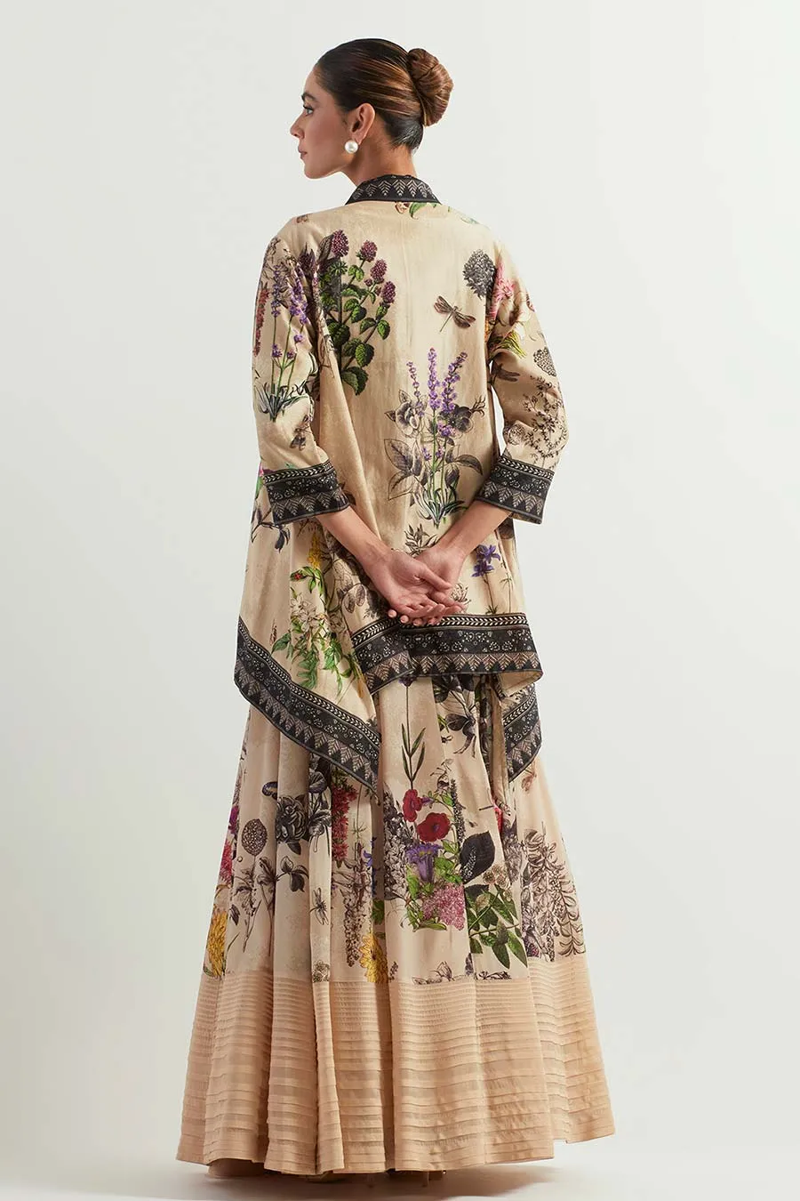 Printed Organza Skirt Co-Ord Set With Canderi Cape