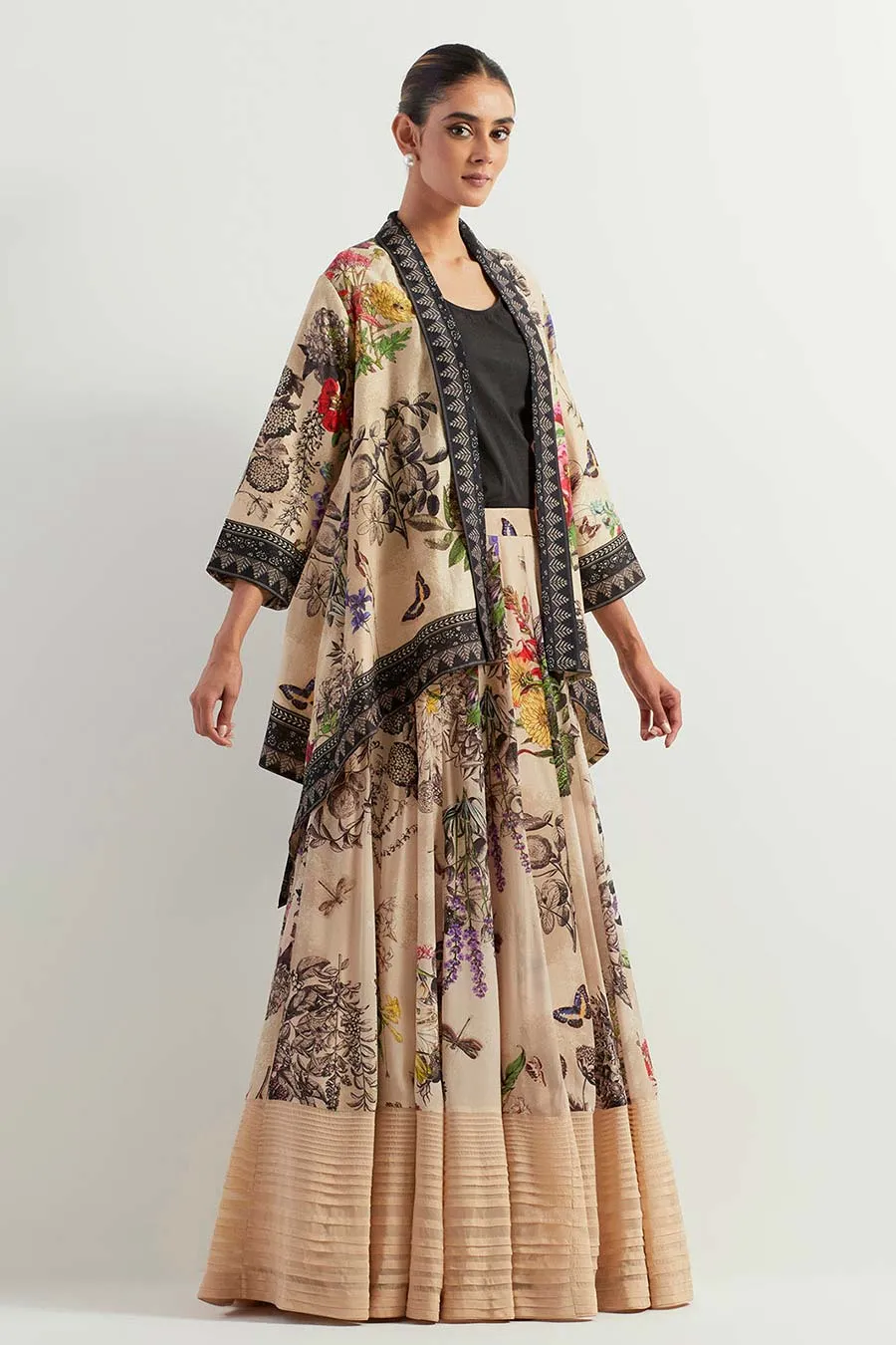 Printed Organza Skirt Co-Ord Set With Canderi Cape