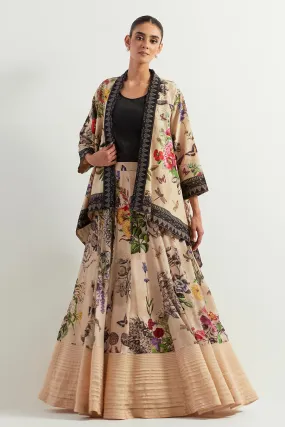Printed Organza Skirt Co-Ord Set With Canderi Cape