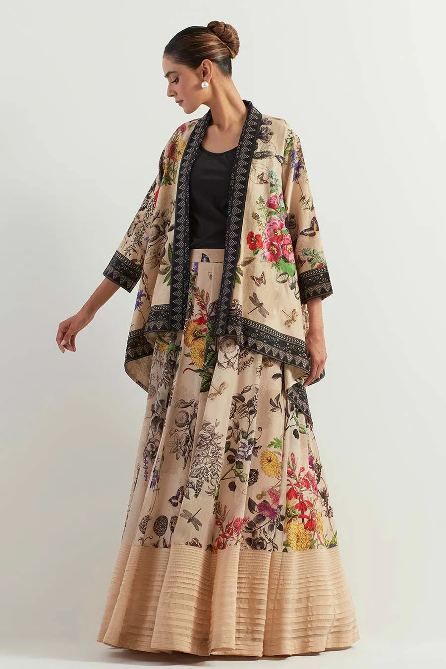 Printed Organza Skirt Co-Ord Set With Canderi Cape