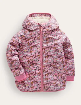 Printed Sherpa Lined Anorak-Pink horses