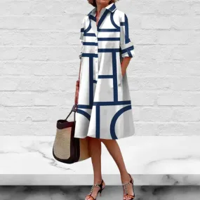 Printed White Button Front Long Sleeves Shirt Dress