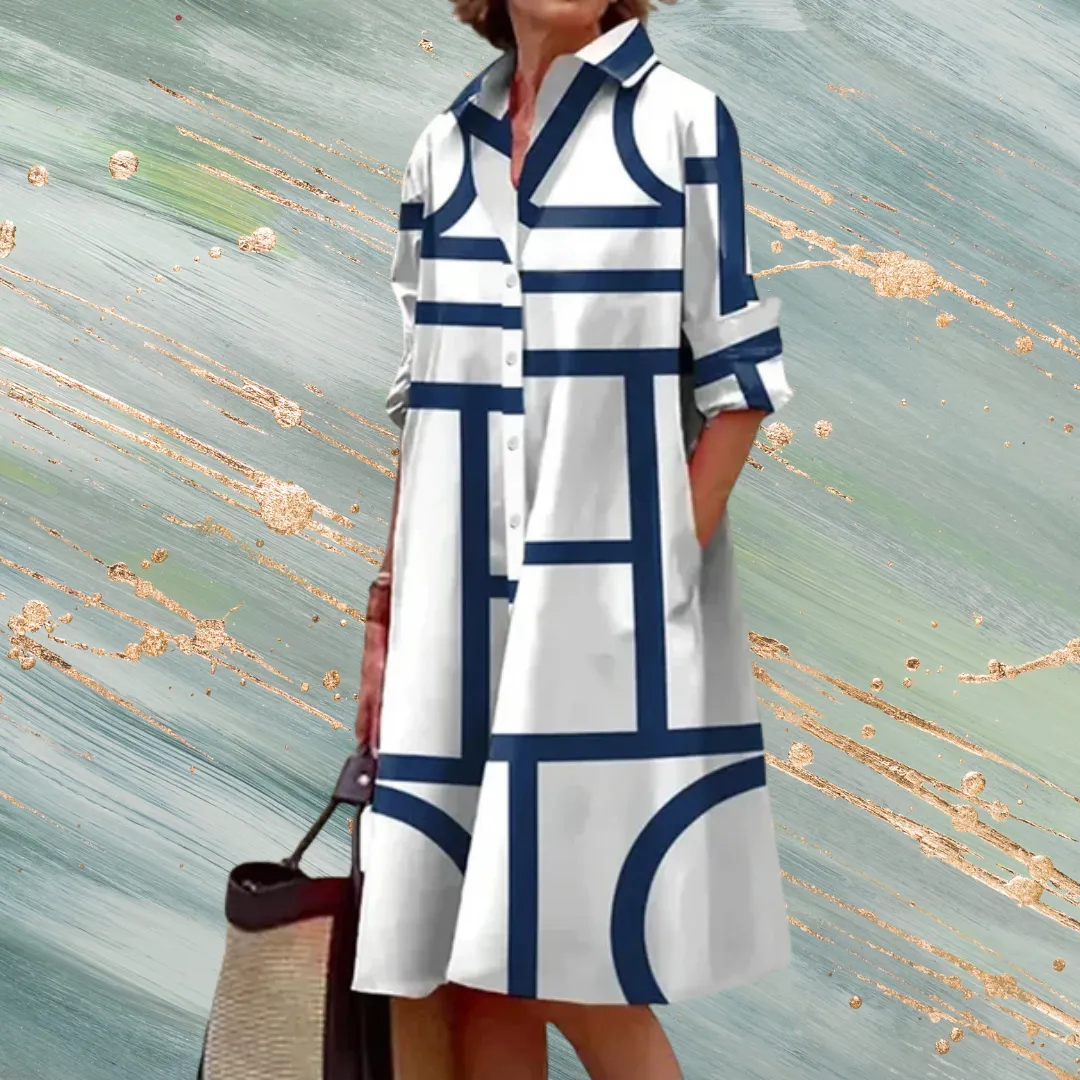 Printed White Button Front Long Sleeves Shirt Dress