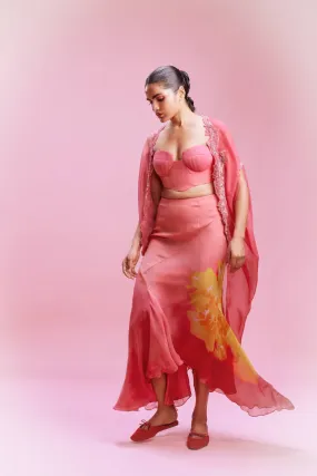 "Saarah" Chiffon Flower Print Asymmetric skirt with Bustier and a Cape