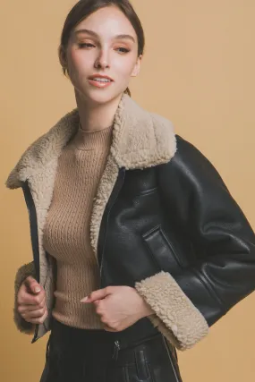 "Winter Chic" Black Vegan Leather Jacket w/ Beige Sherpa Lining Detail