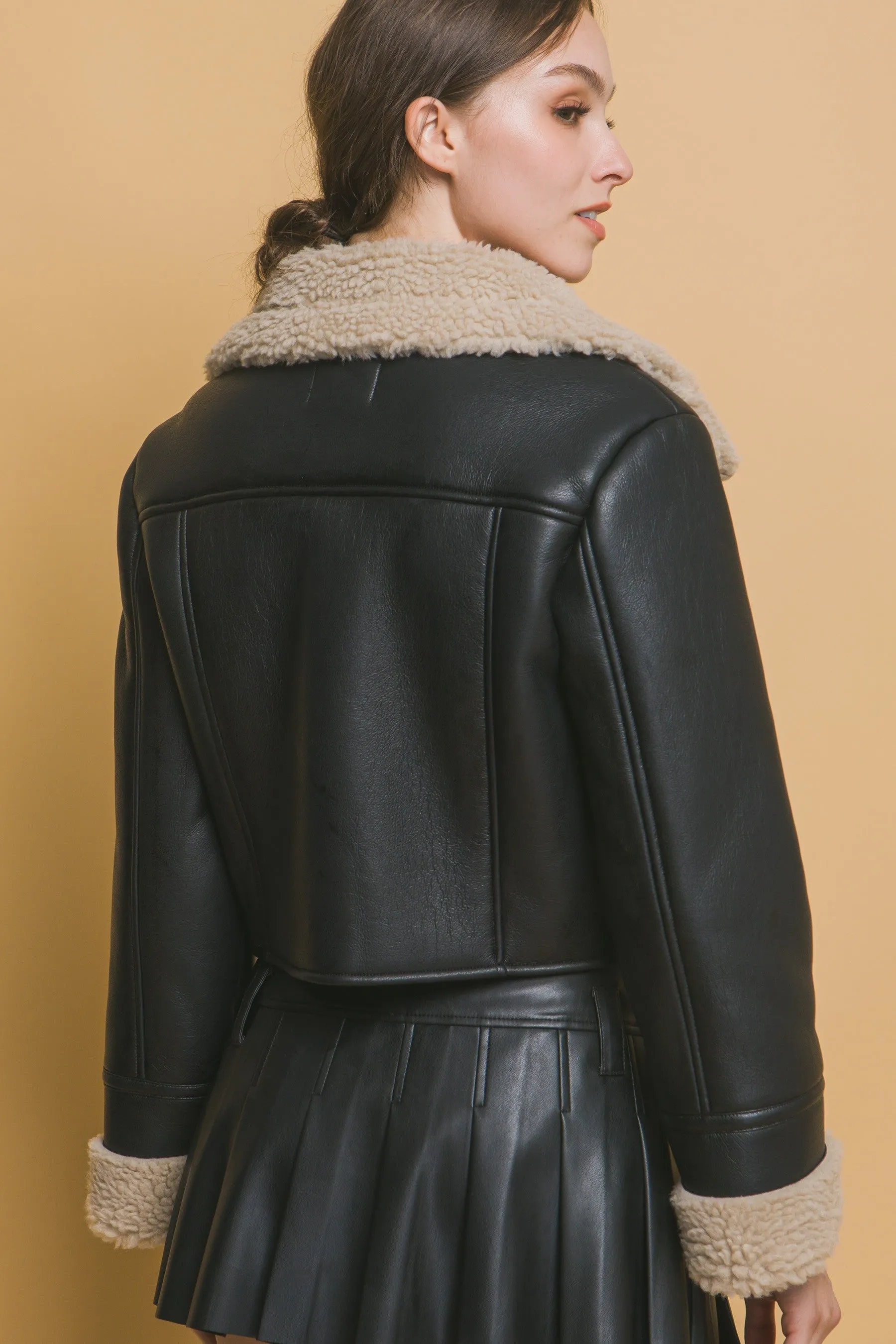 "Winter Chic" Black Vegan Leather Jacket w/ Beige Sherpa Lining Detail