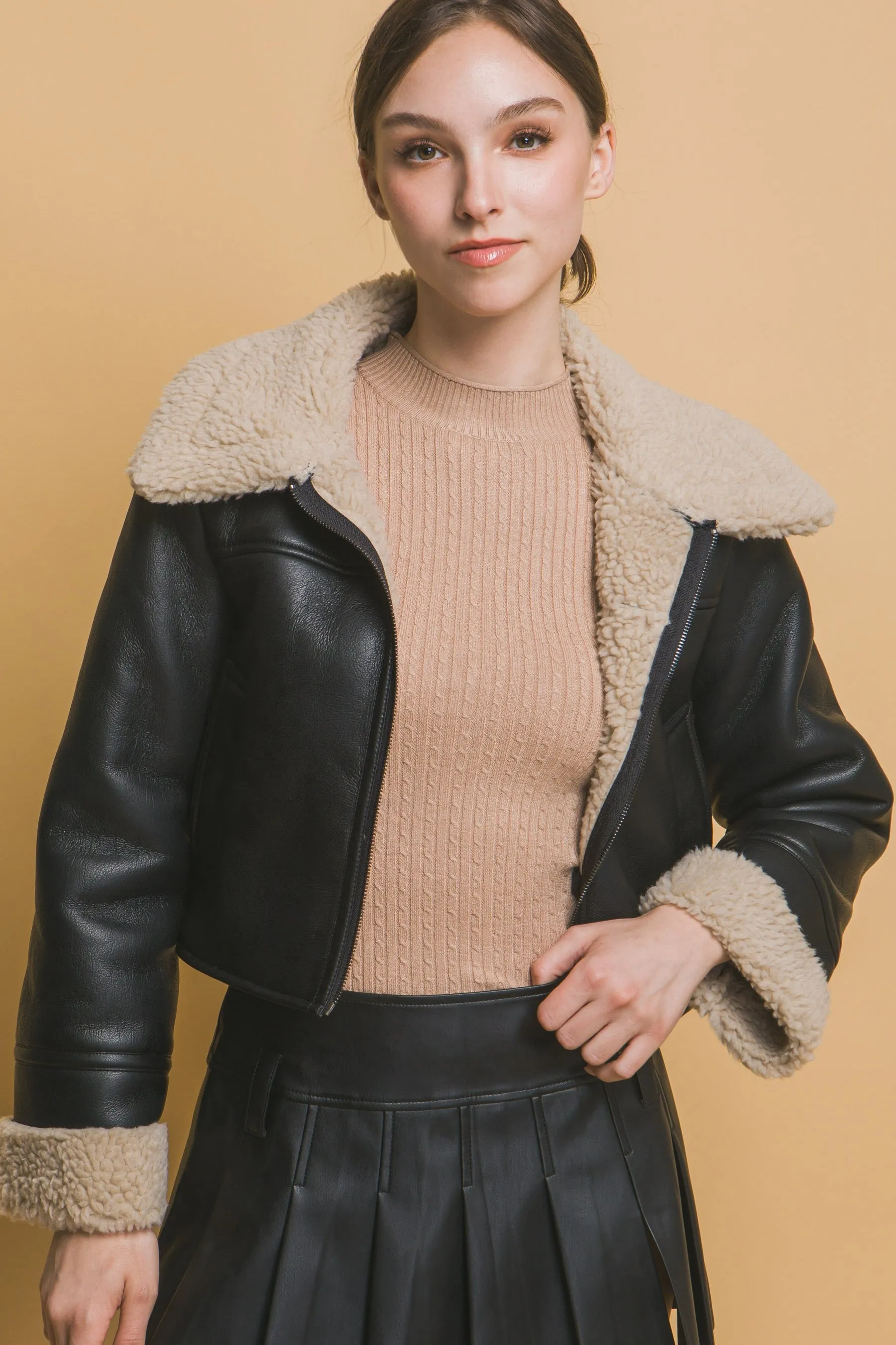 "Winter Chic" Black Vegan Leather Jacket w/ Beige Sherpa Lining Detail