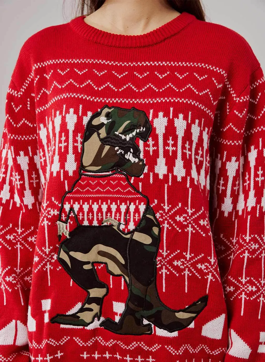 Red Dinosaur Pattern Knit Pullover Christmas Sweater - Perfect Gift