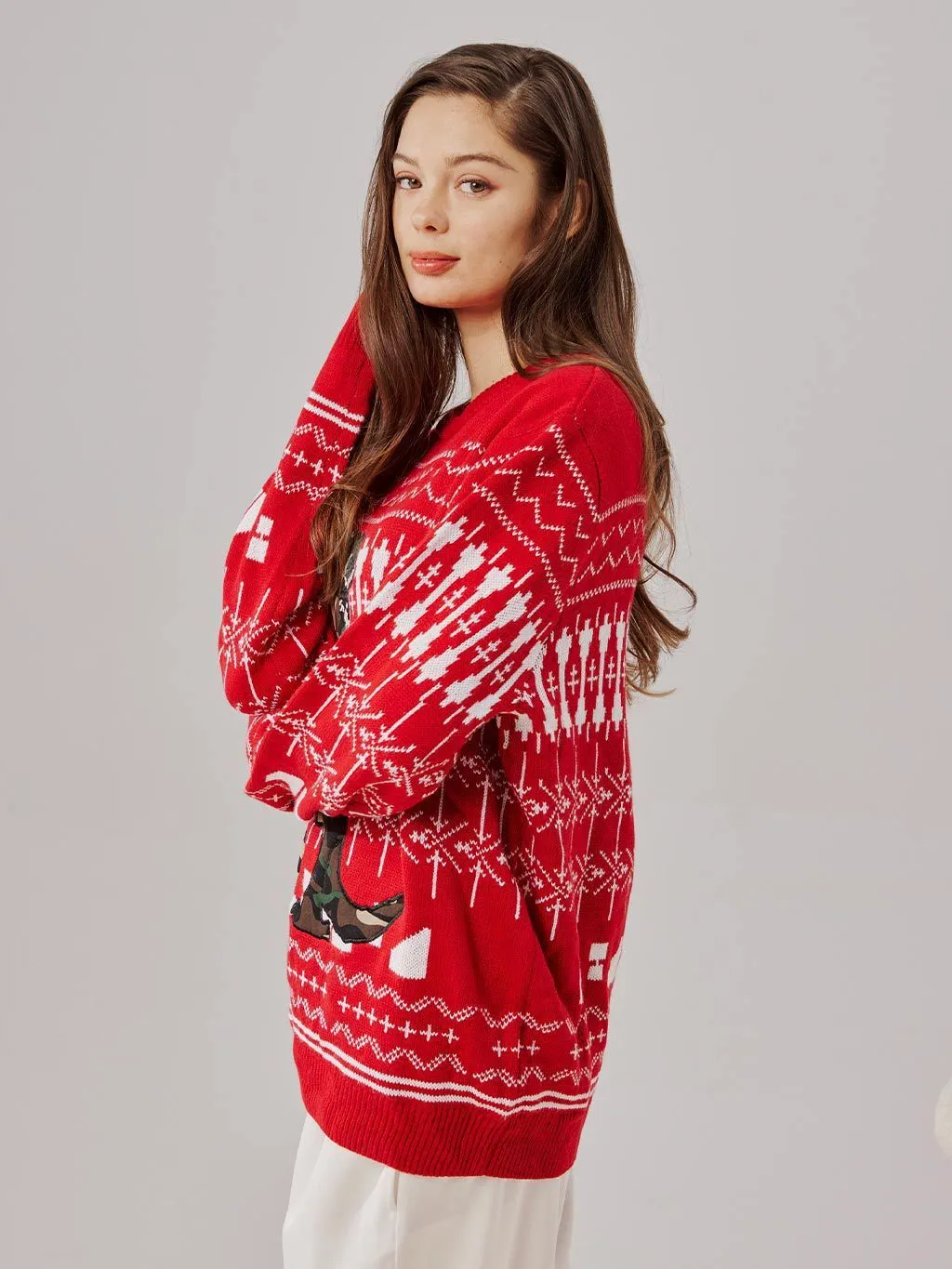 Red Dinosaur Pattern Knit Pullover Christmas Sweater - Perfect Gift