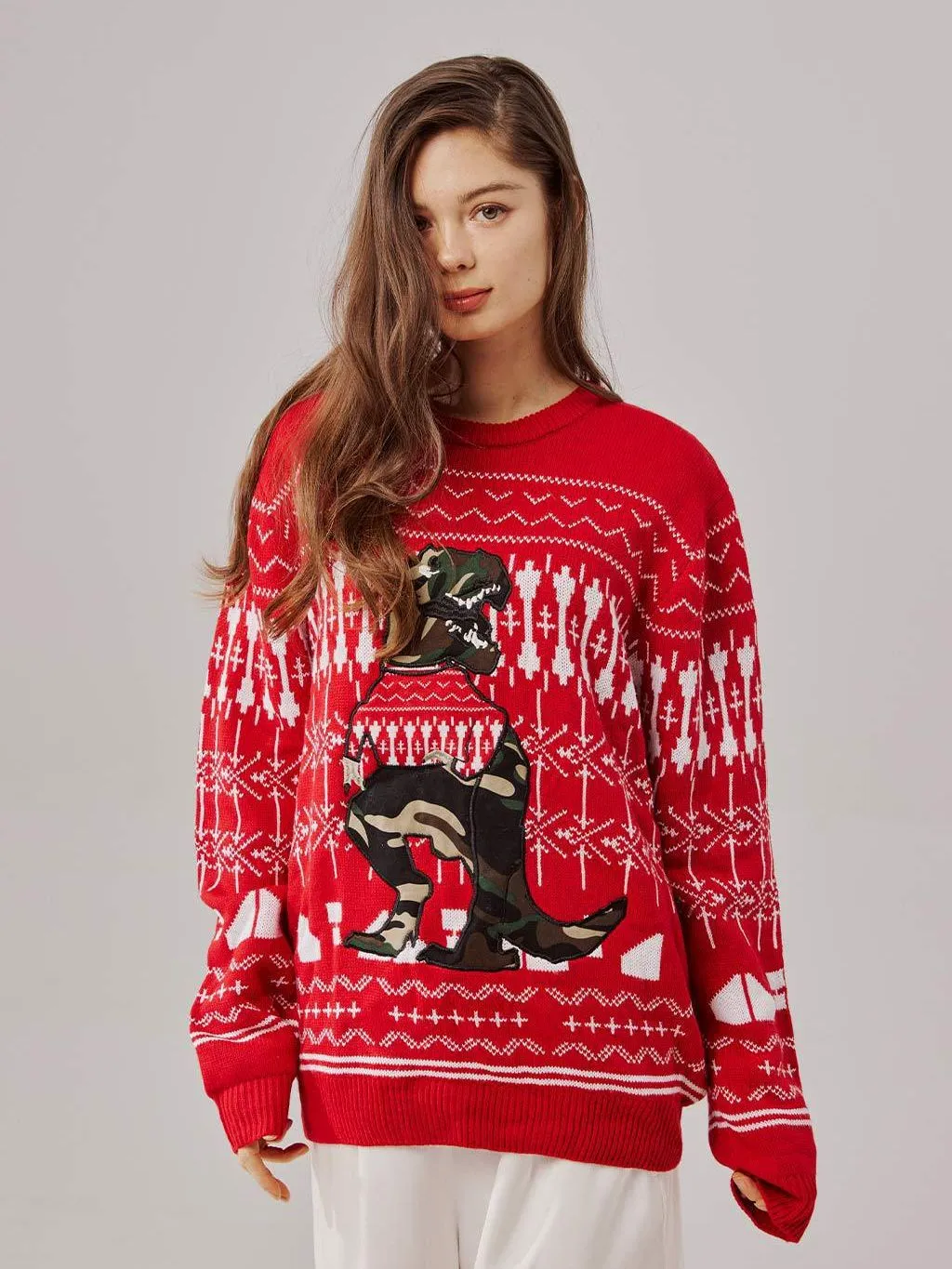 Red Dinosaur Pattern Knit Pullover Christmas Sweater - Perfect Gift