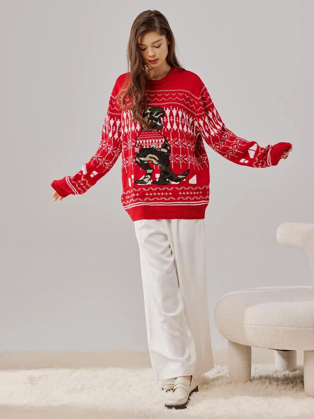 Red Dinosaur Pattern Knit Pullover Christmas Sweater - Perfect Gift