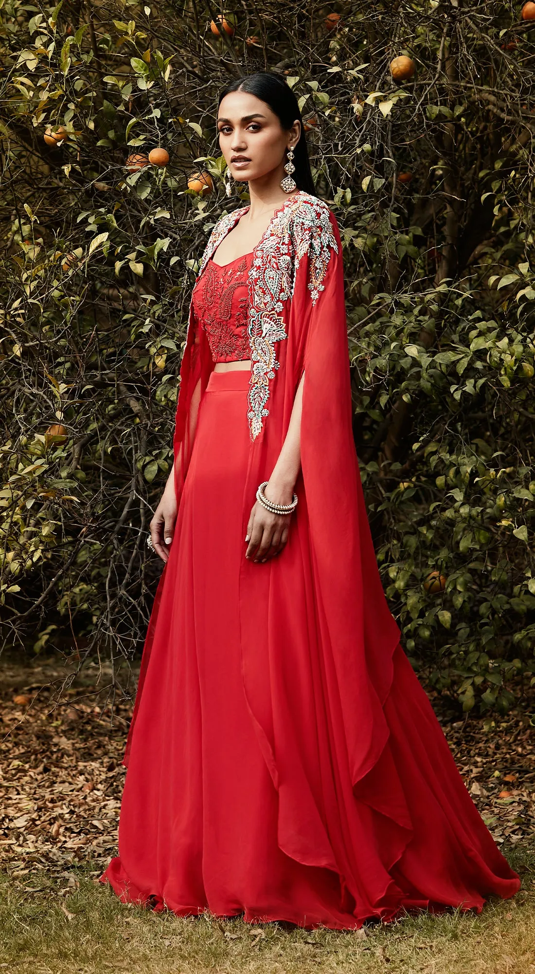 Red Embroidered Cape Set