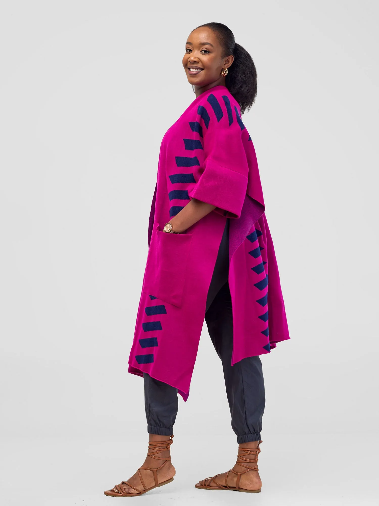 Safari Dila Poncho - Fuschia / Light Navy Blue