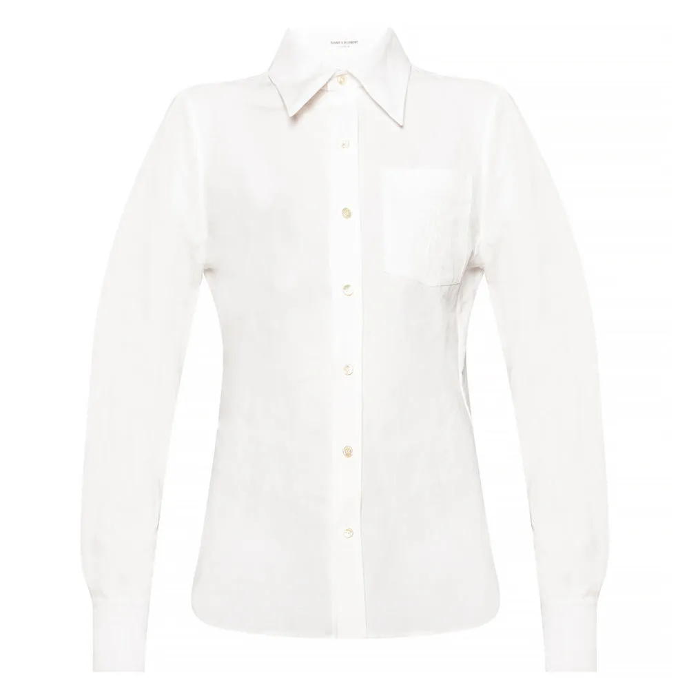 Saint Laurent Women's Cotton Linen Blend Boyfriend Dress Shirt in Cream
