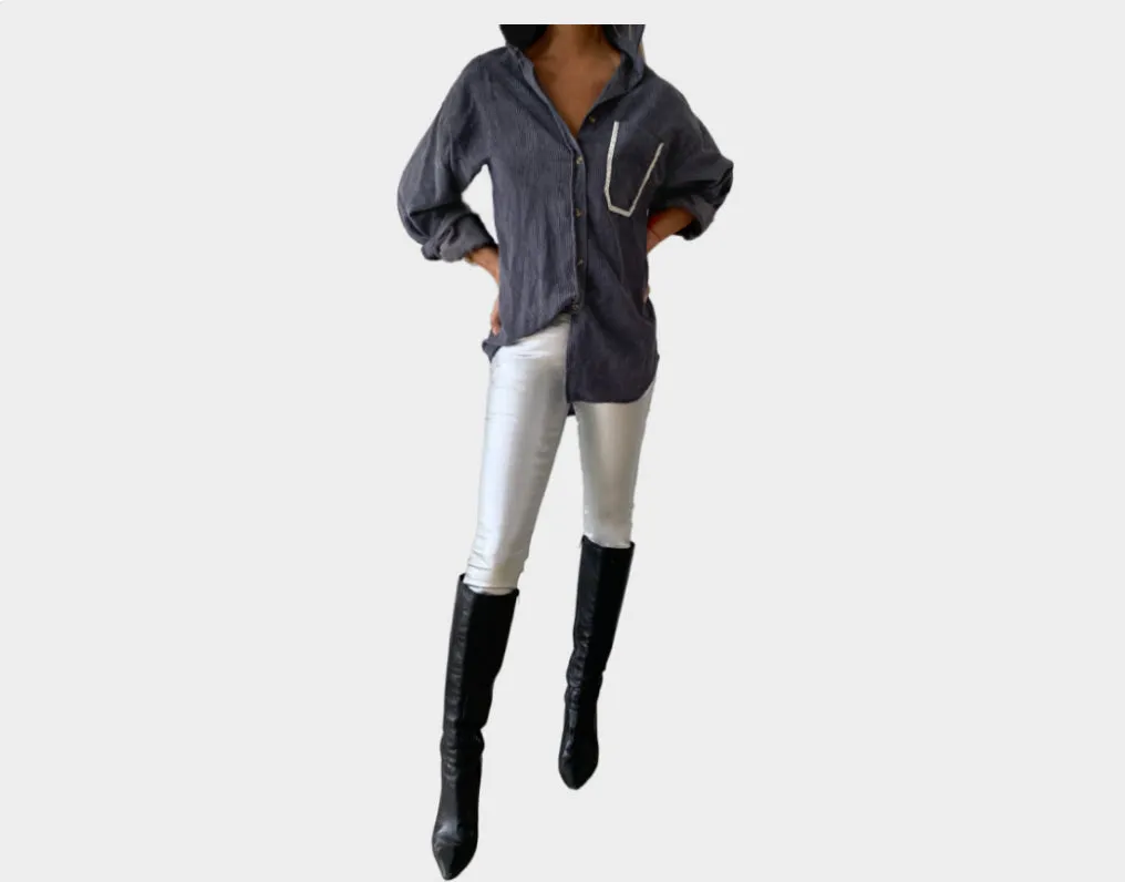 Slate Grey Velour Chic Long Sleeve Shirt - The Aspen
