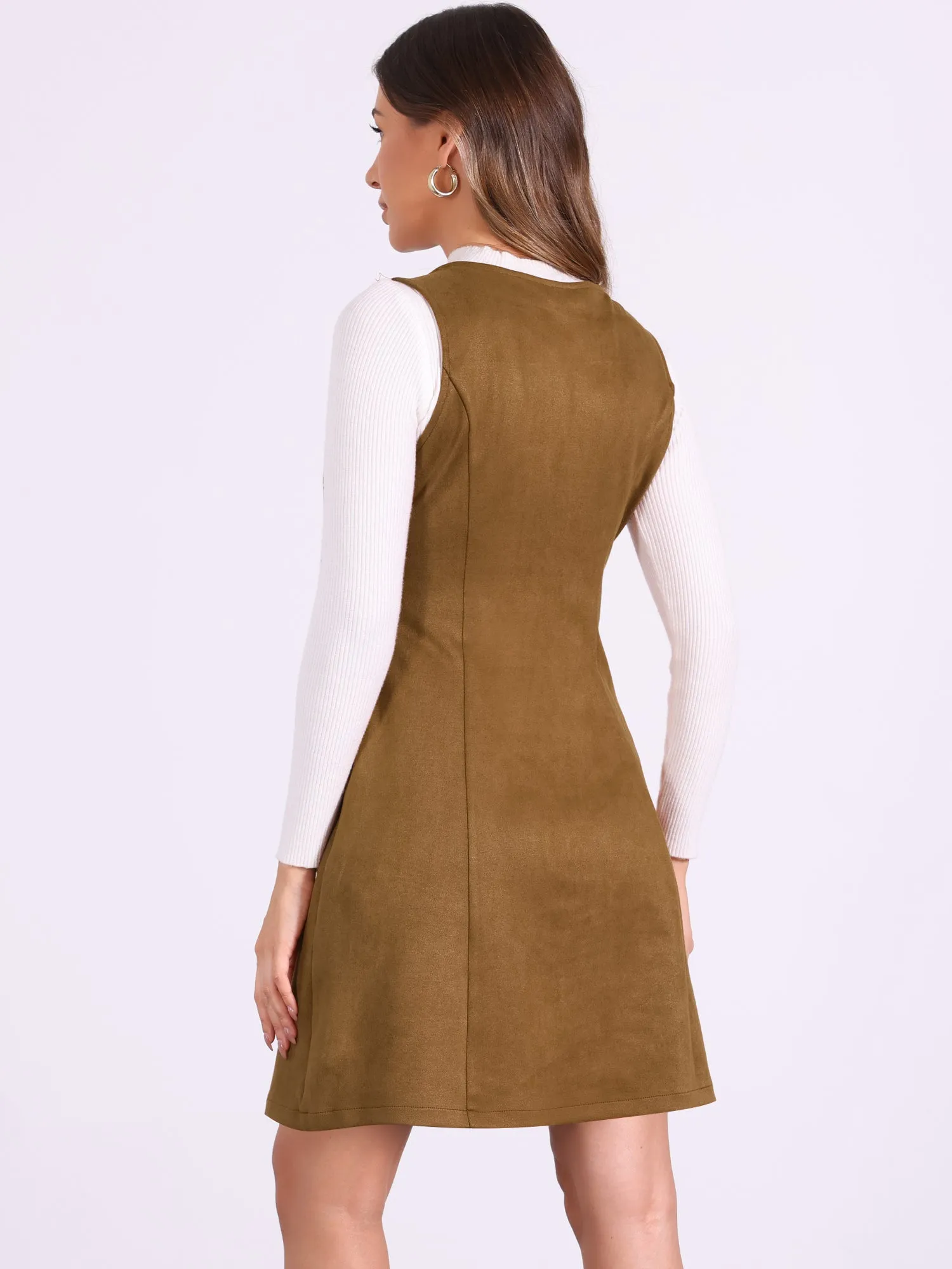Sleeveless Pockets Faux Suede Pinafore Overall Dress