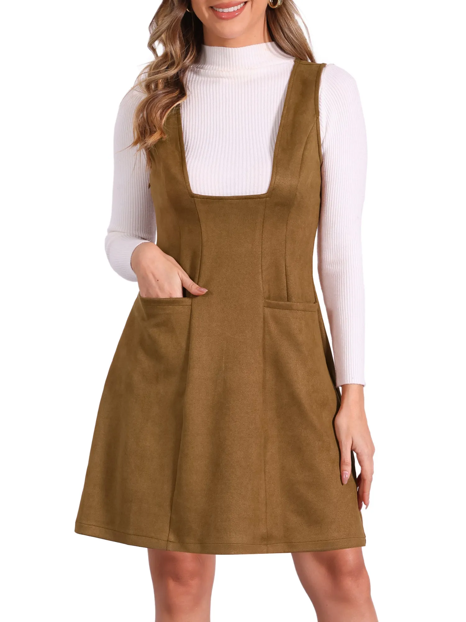 Sleeveless Pockets Faux Suede Pinafore Overall Dress