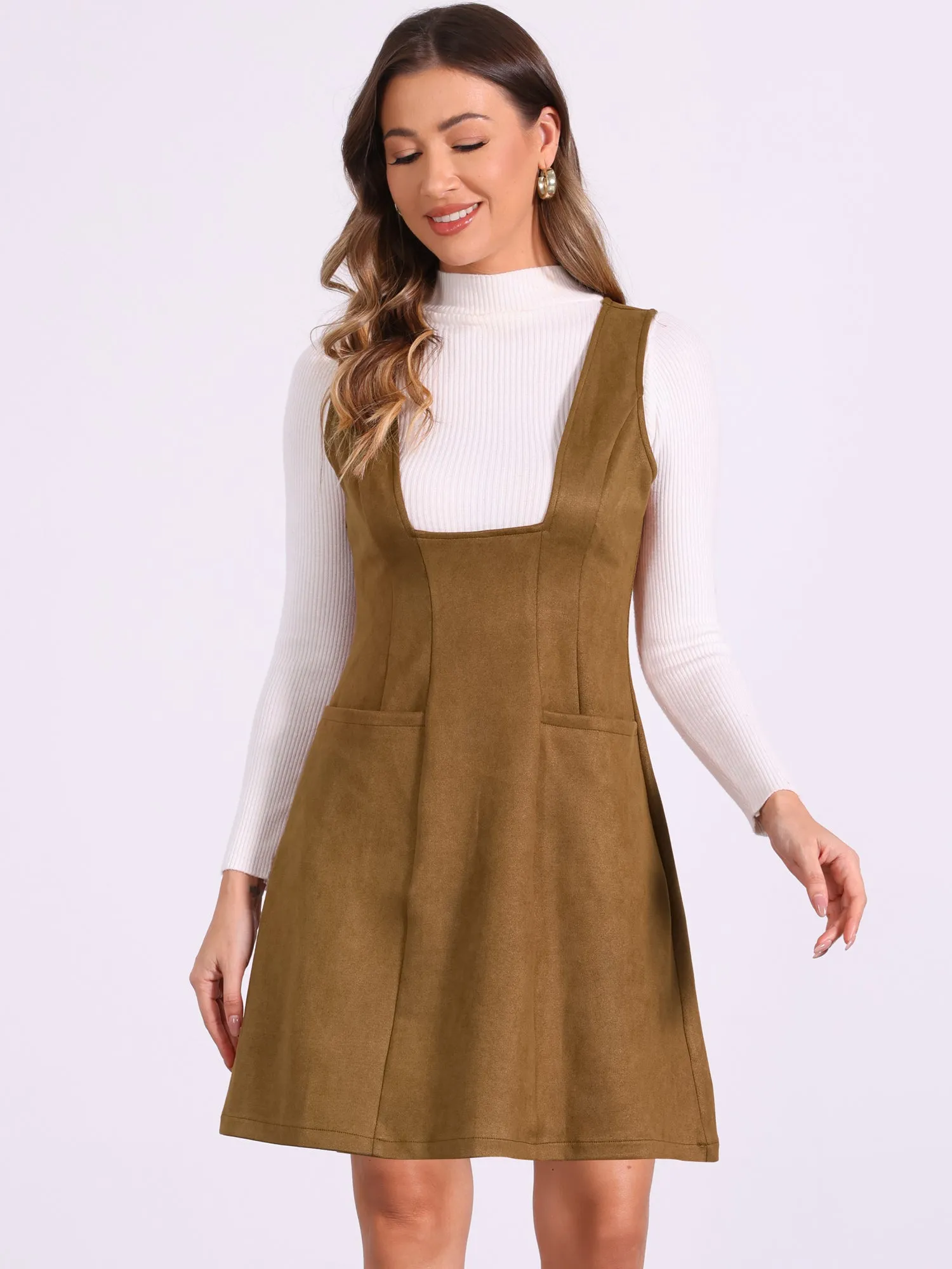 Sleeveless Pockets Faux Suede Pinafore Overall Dress