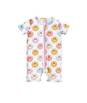 Smiley Bamboo Short Romper | Pink