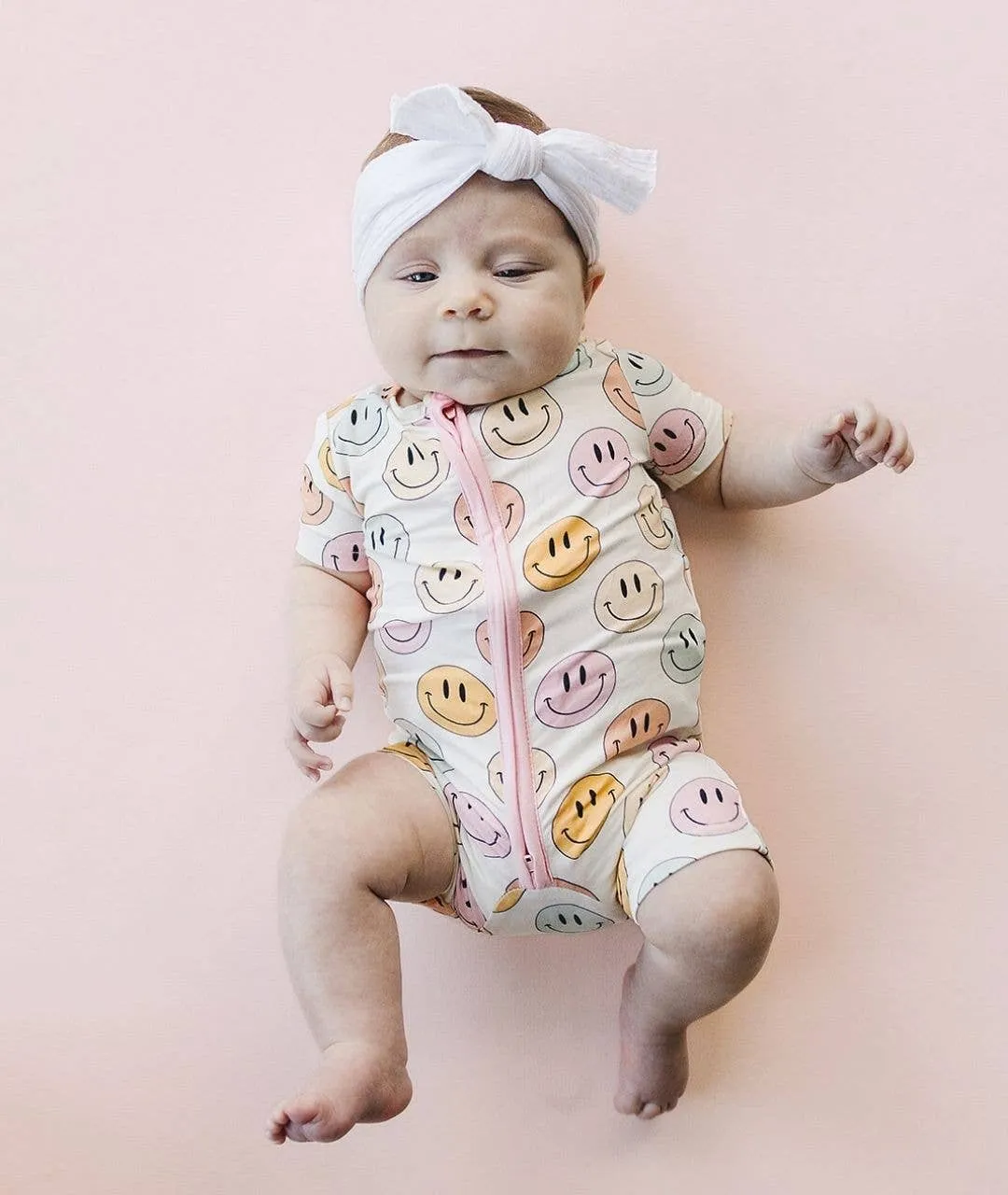 Smiley Bamboo Short Romper | Pink