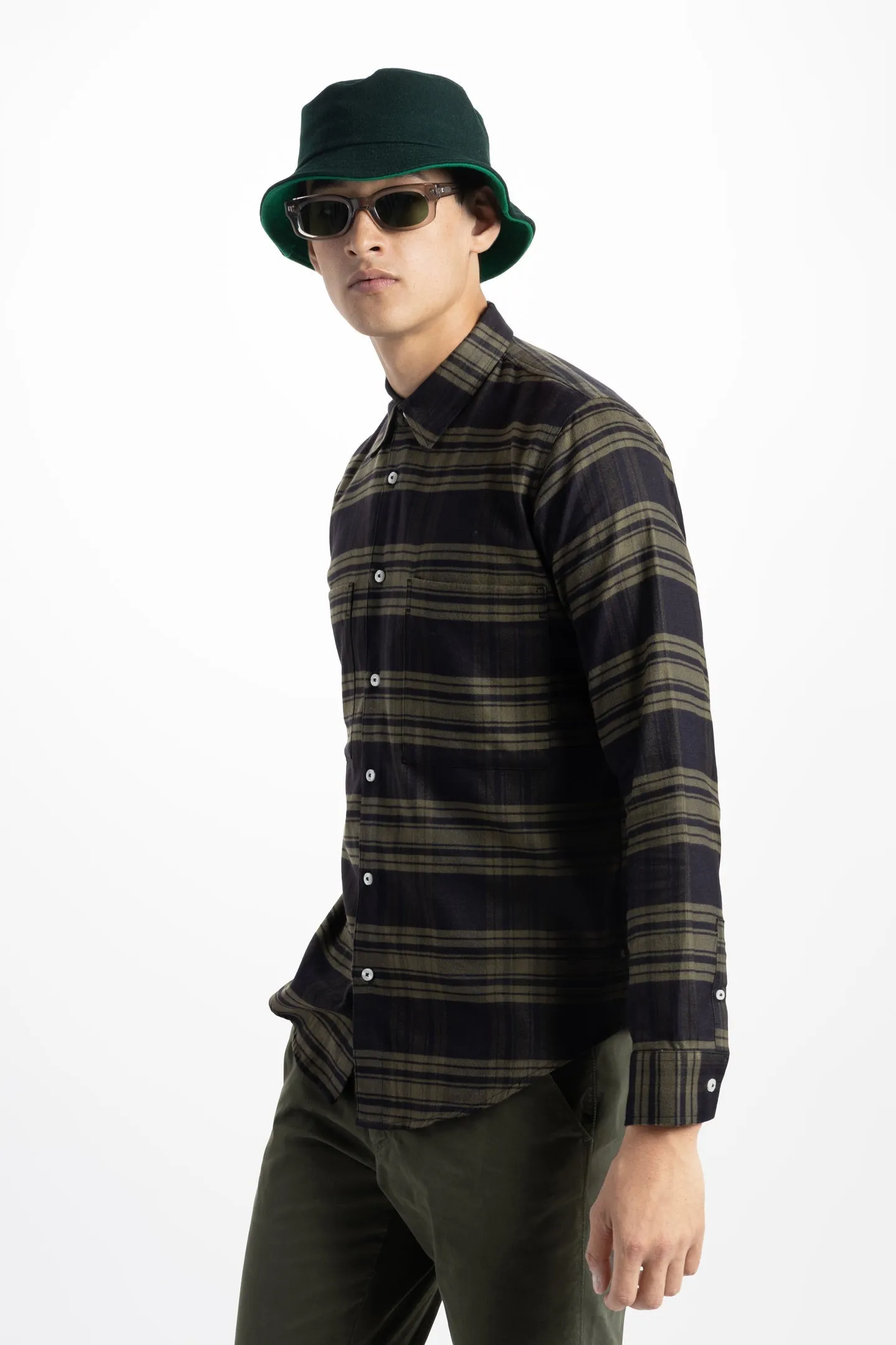 Soft Cloth Doheny Patch Pocket Shirt in Italian Woven - Olive Plaid