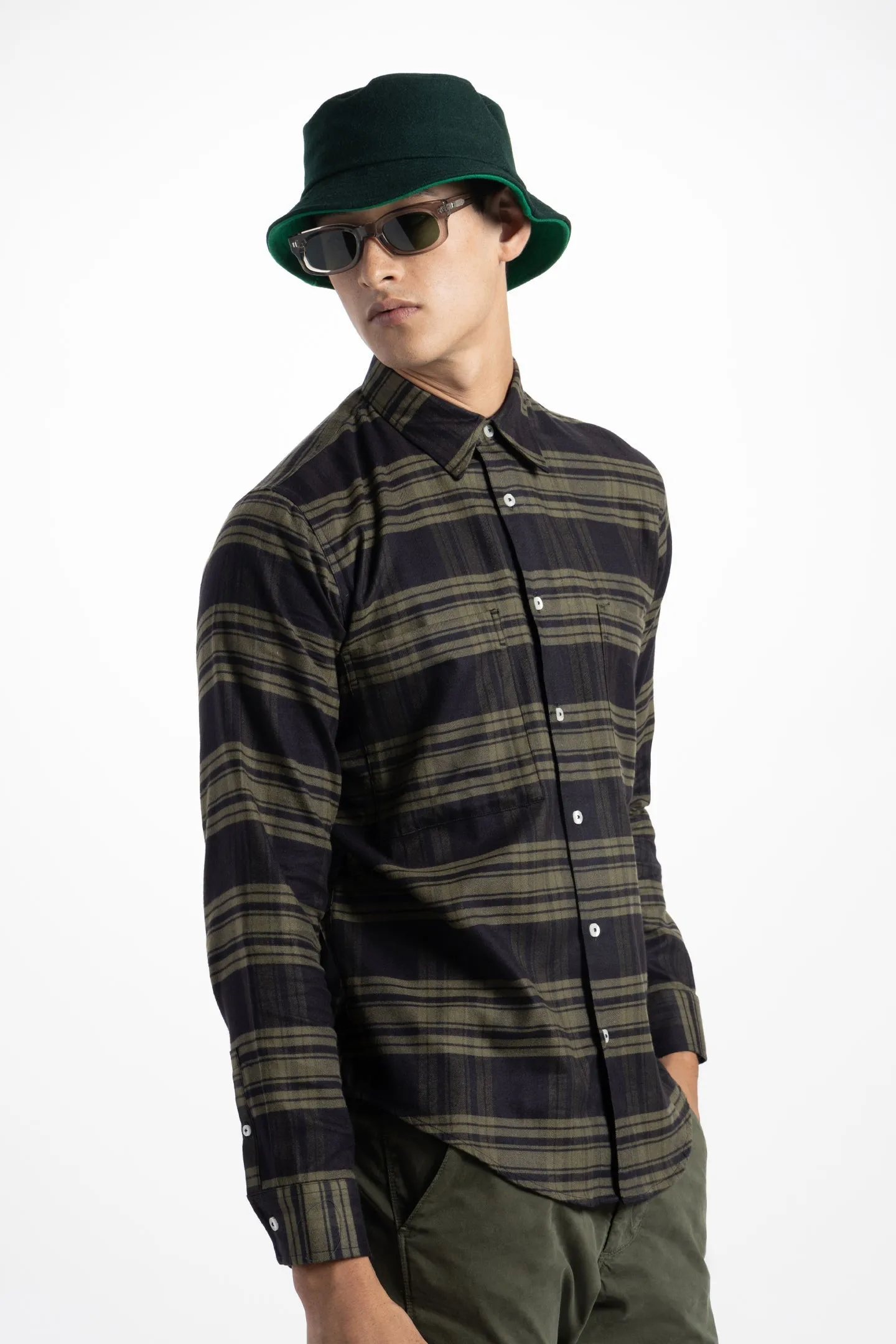 Soft Cloth Doheny Patch Pocket Shirt in Italian Woven - Olive Plaid