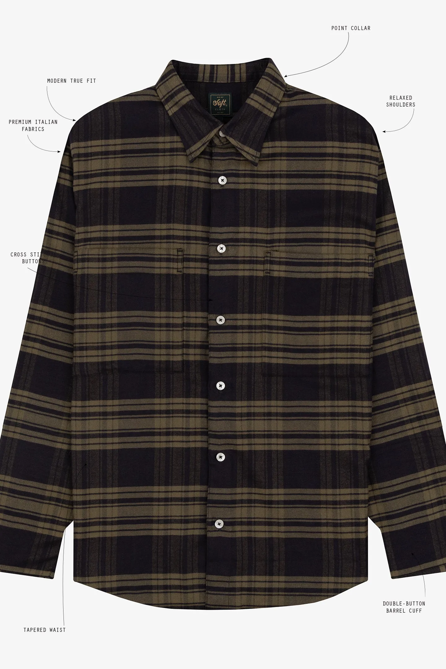 Soft Cloth Doheny Patch Pocket Shirt in Italian Woven - Olive Plaid