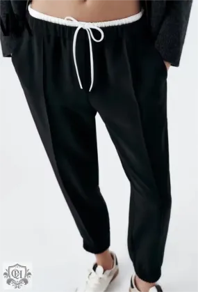 Solid Casual Tie Waist Trousers