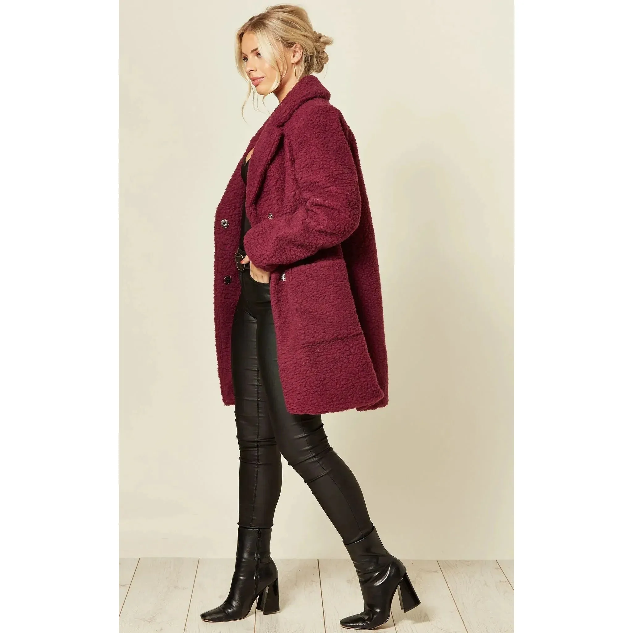Stud Button Borg Teddy Coat