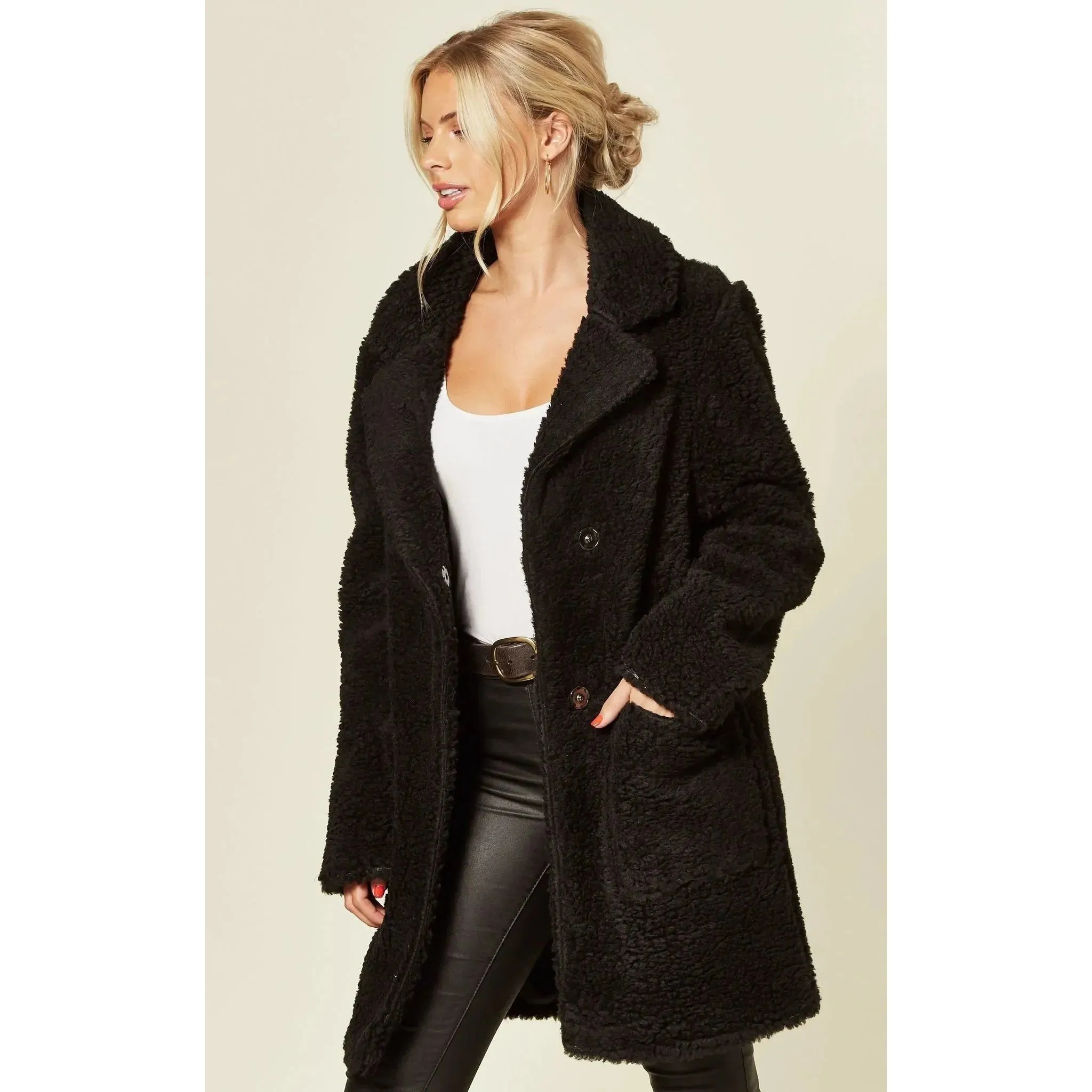 Stud Button Borg Teddy Coat