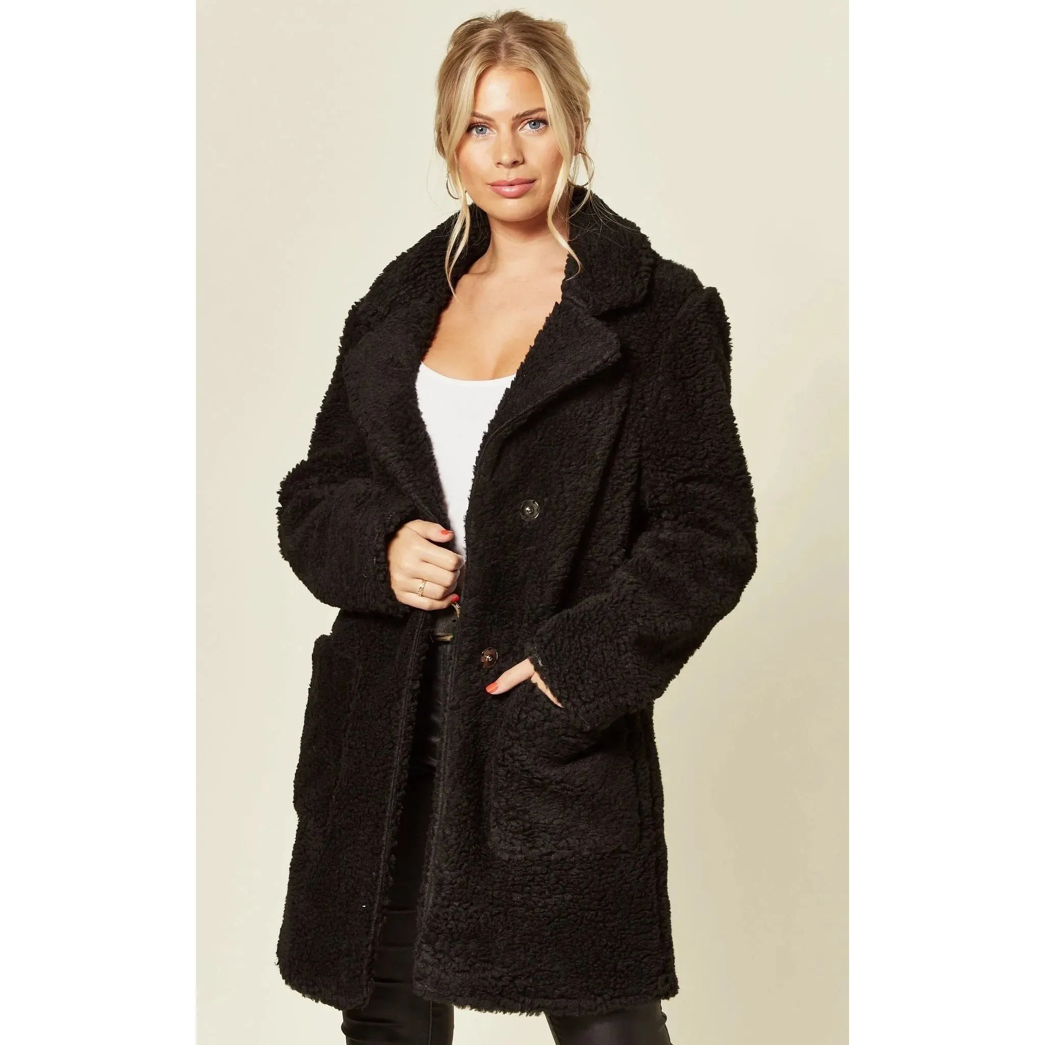 Stud Button Borg Teddy Coat
