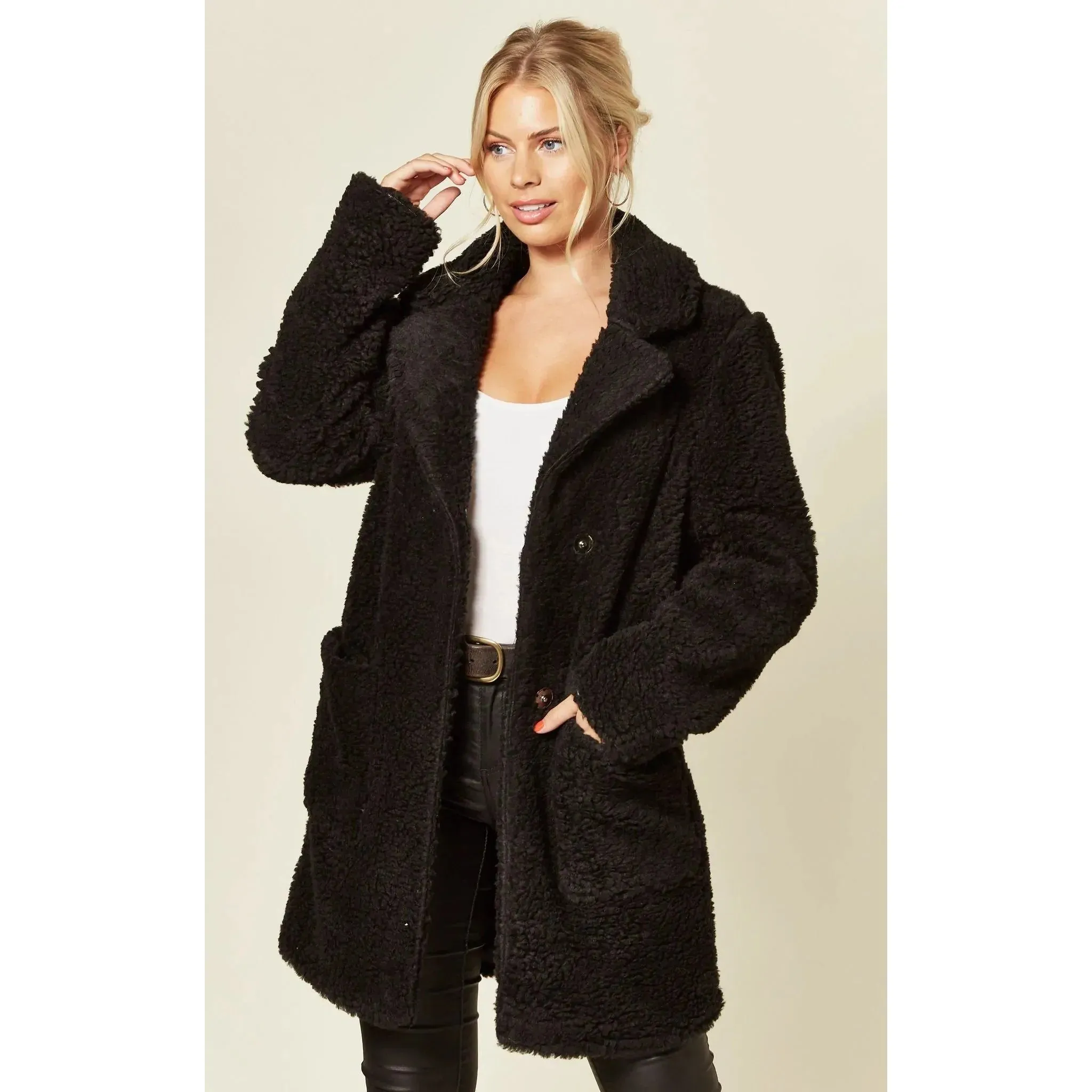 Stud Button Borg Teddy Coat