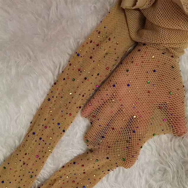 Summer Fishnet Diamond Pantyhose Women Sexy Fashion Shiny Net Tights Female Slim Rhinestone Mesh Nylon Stockings Tights