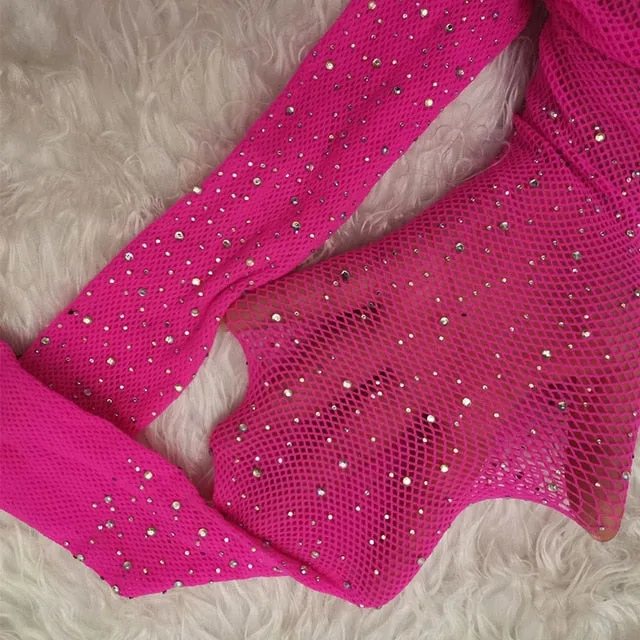 Summer Fishnet Diamond Pantyhose Women Sexy Fashion Shiny Net Tights Female Slim Rhinestone Mesh Nylon Stockings Tights