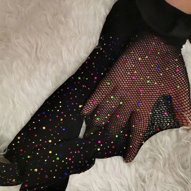 Summer Fishnet Diamond Pantyhose Women Sexy Fashion Shiny Net Tights Female Slim Rhinestone Mesh Nylon Stockings Tights