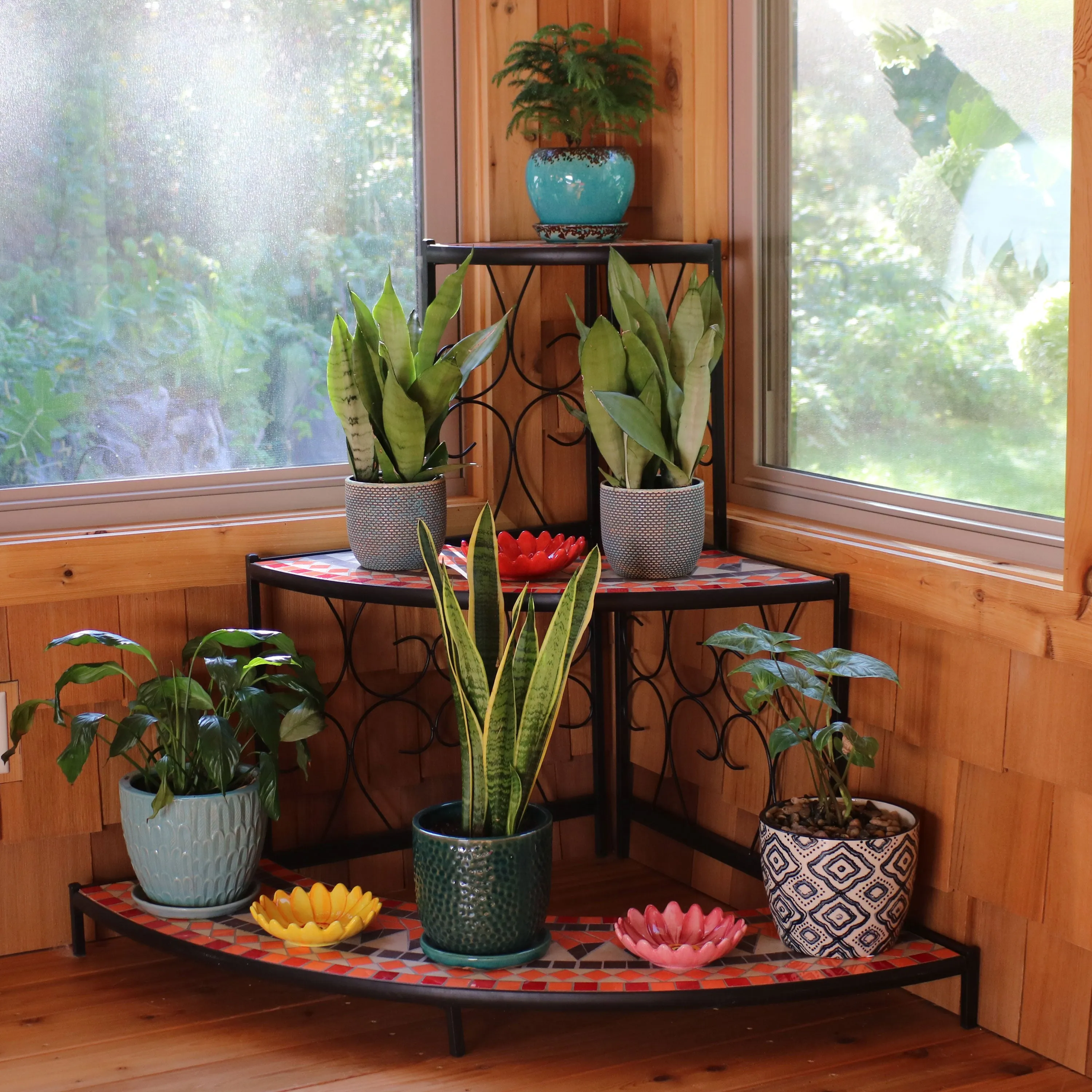Sunnydaze 3-Tier Step-Style Mosaic Tiled Corner Display Shelf for Plants