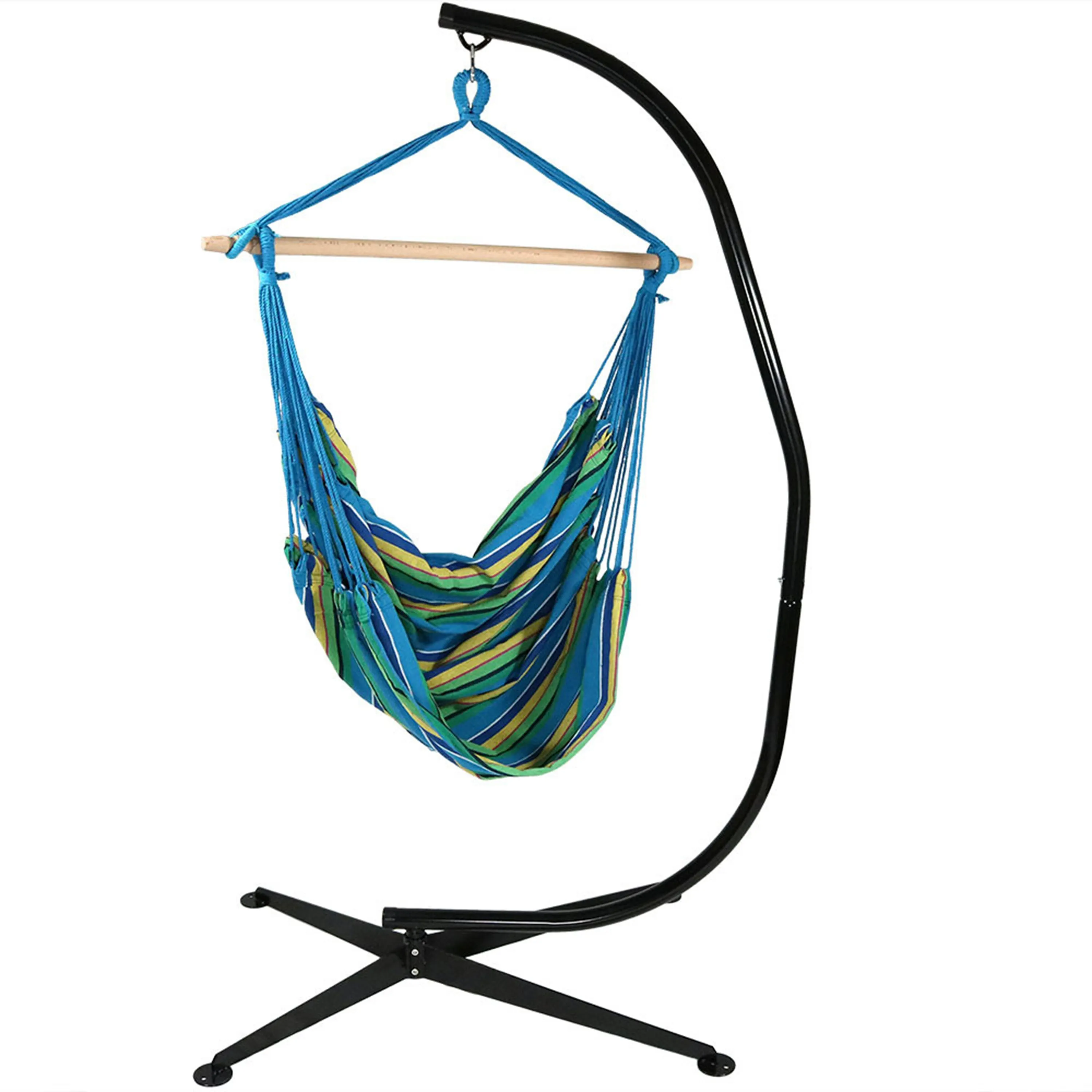 Sunnydaze Extra Large Outdoor Hanging Rope Hammock Chair Swing with C-Stand - Ocean Breeze