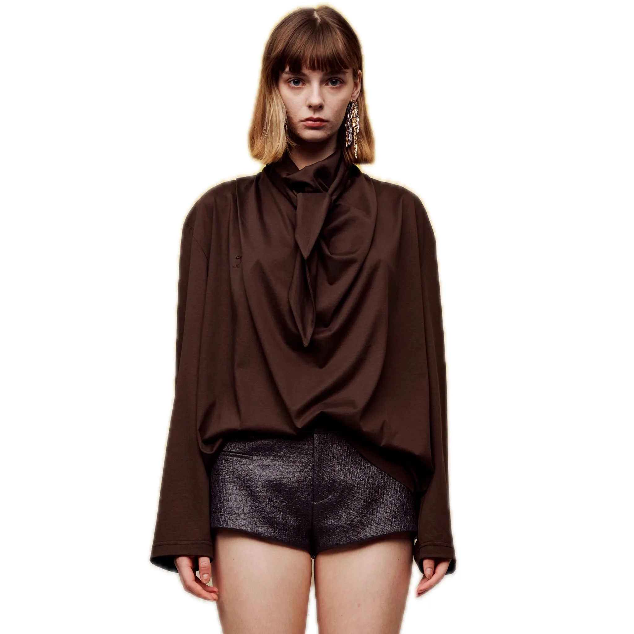 T-scarf Collar Lace-up Shirt in Army Green