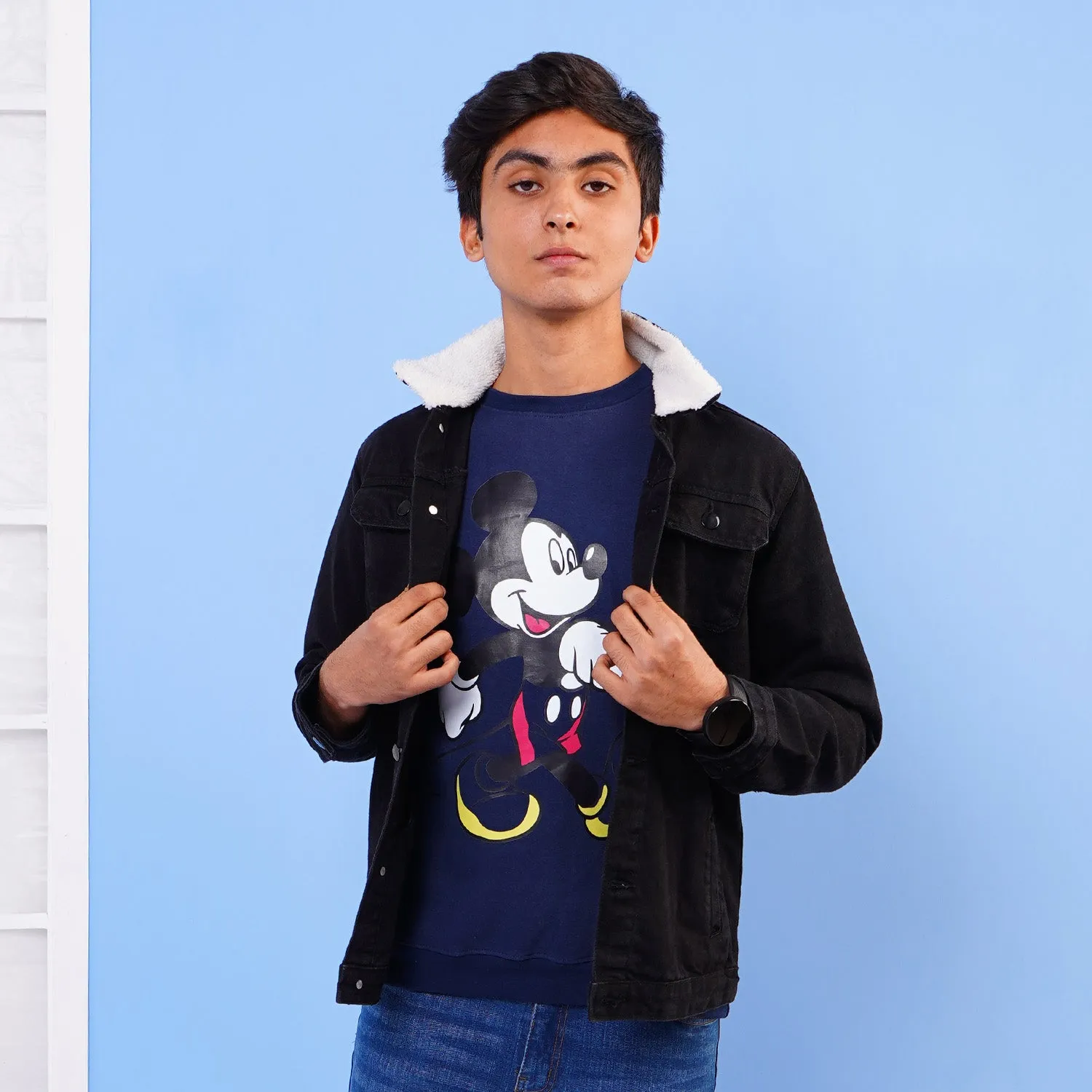 Teens Boy Denim Jacket Sherpa-BLACK