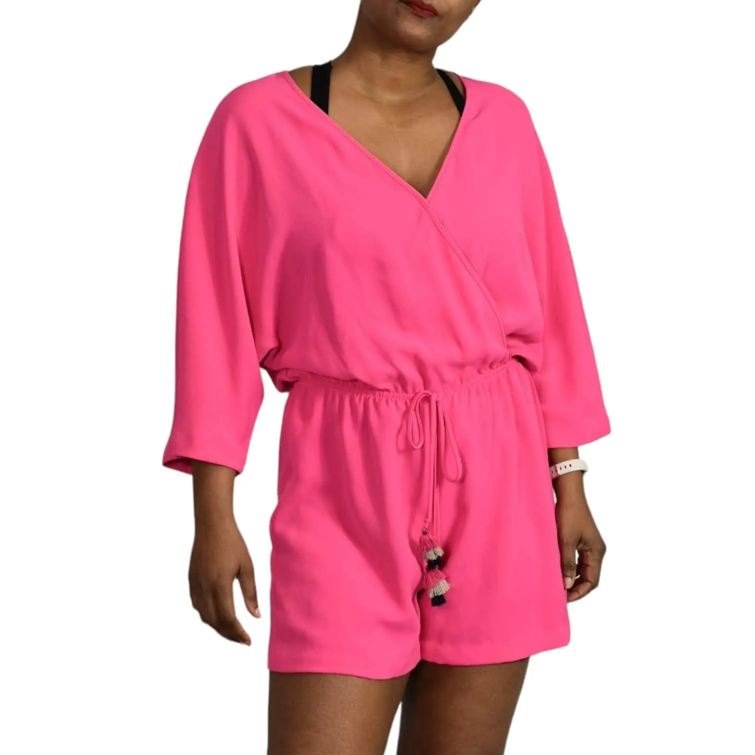 Trina Turk Tori Romper Hot Pink Playsuit Drawstring Shorts Blouson Travel Size Medium