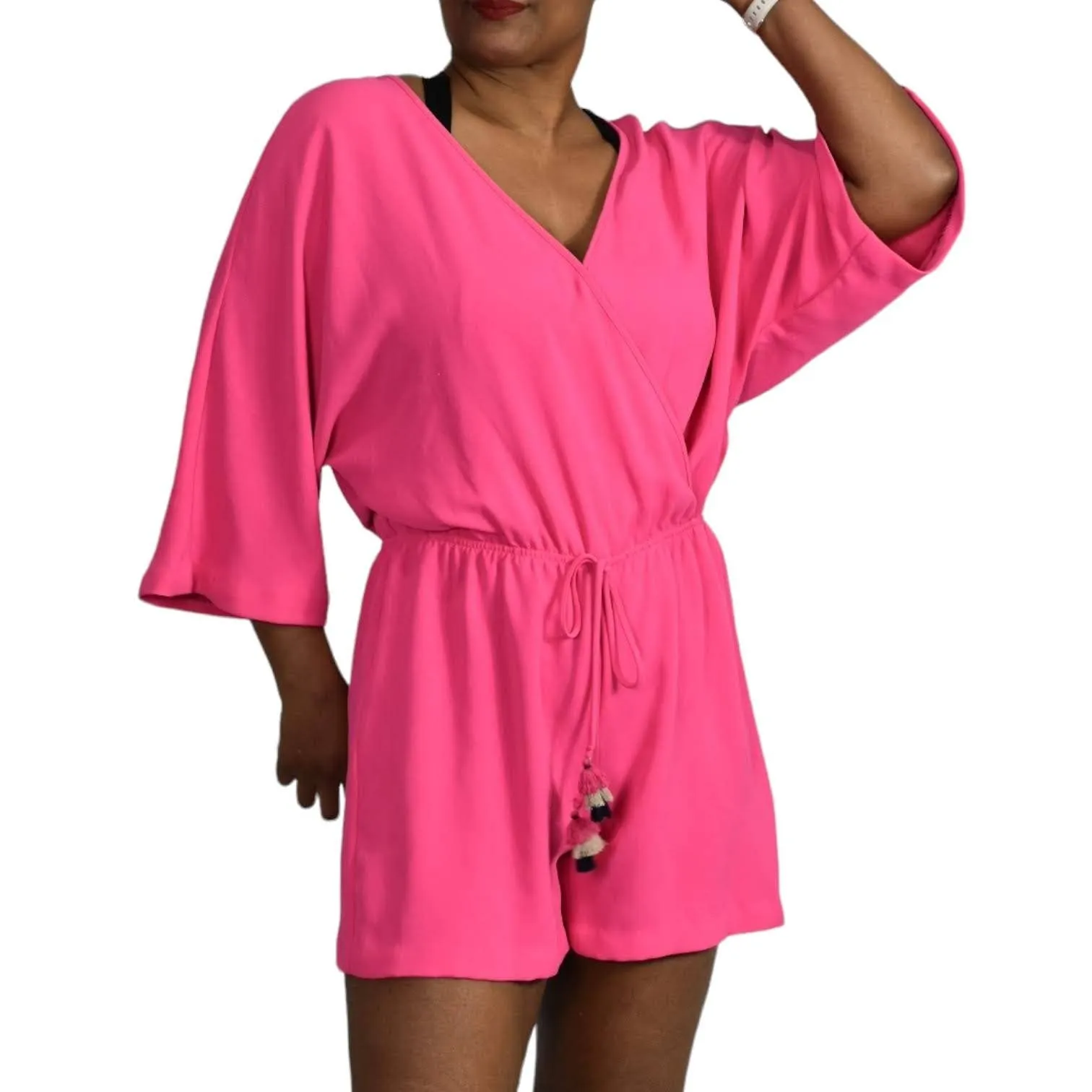 Trina Turk Tori Romper Hot Pink Playsuit Drawstring Shorts Blouson Travel Size Medium