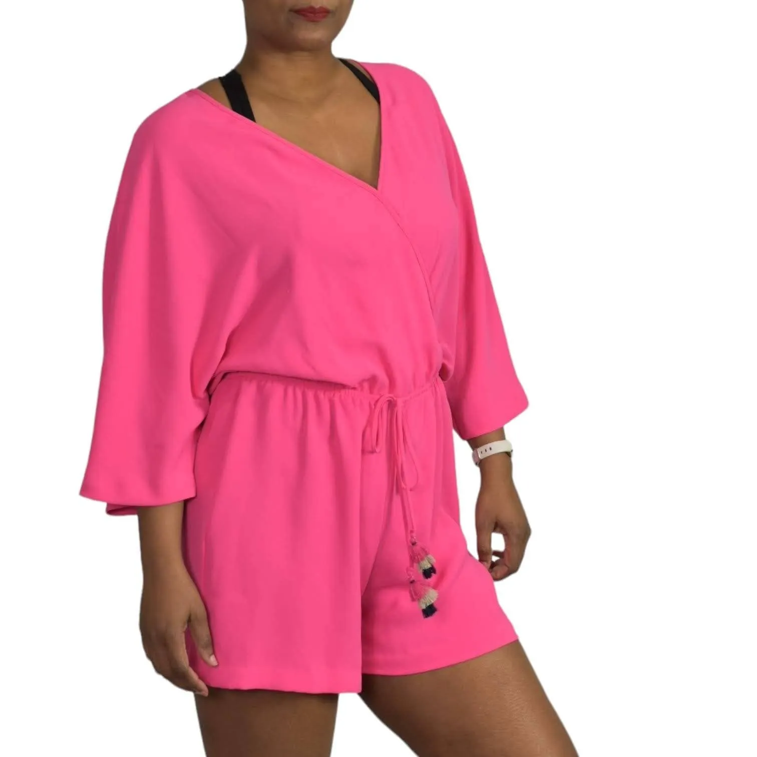 Trina Turk Tori Romper Hot Pink Playsuit Drawstring Shorts Blouson Travel Size Medium